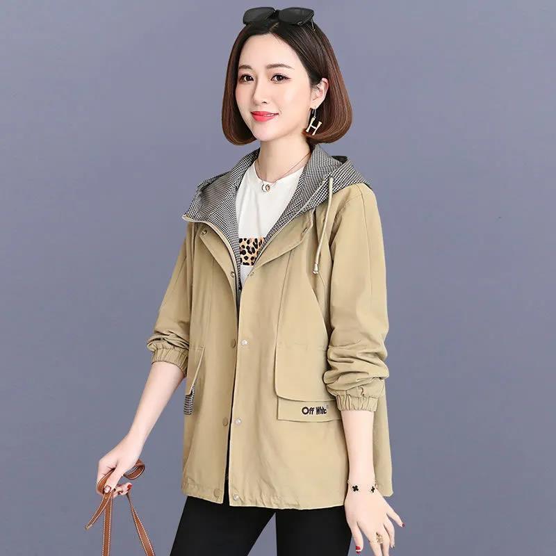 Damen Frühling und Herbst Windjacke Mantel Lose Kapuzenjacke Kurze Arbeitskleidung XXXL khaki