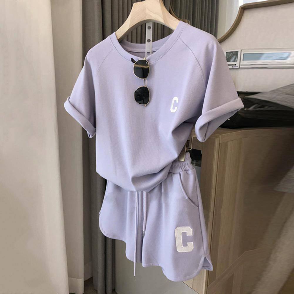 Damen Trainingsanzug Damen Sommer Trainingsanzug Set O-Ausschnitt Buchstabenaufdruck T-Shirt Elastische Taille Shorts Sportliches Damen Trainingsoutfit XL violett