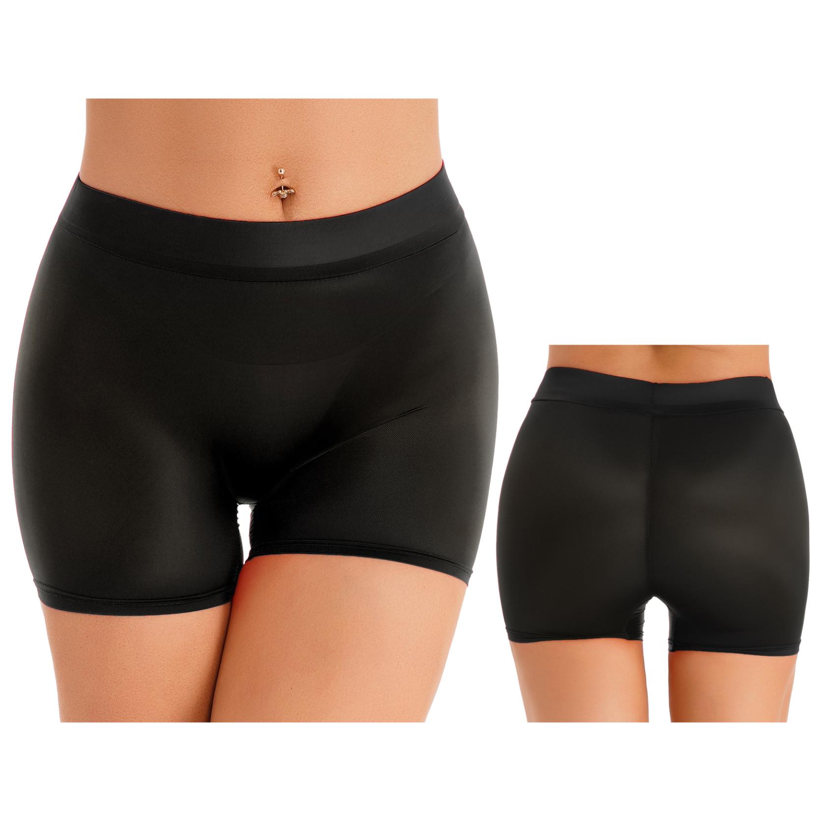 Halbdurchsichtige Damen-Shorts, glänzend, dehnbar, kurze Hose mit niedrigem Bund, Unterwäsche, Nachtwäsche One Size schwarz