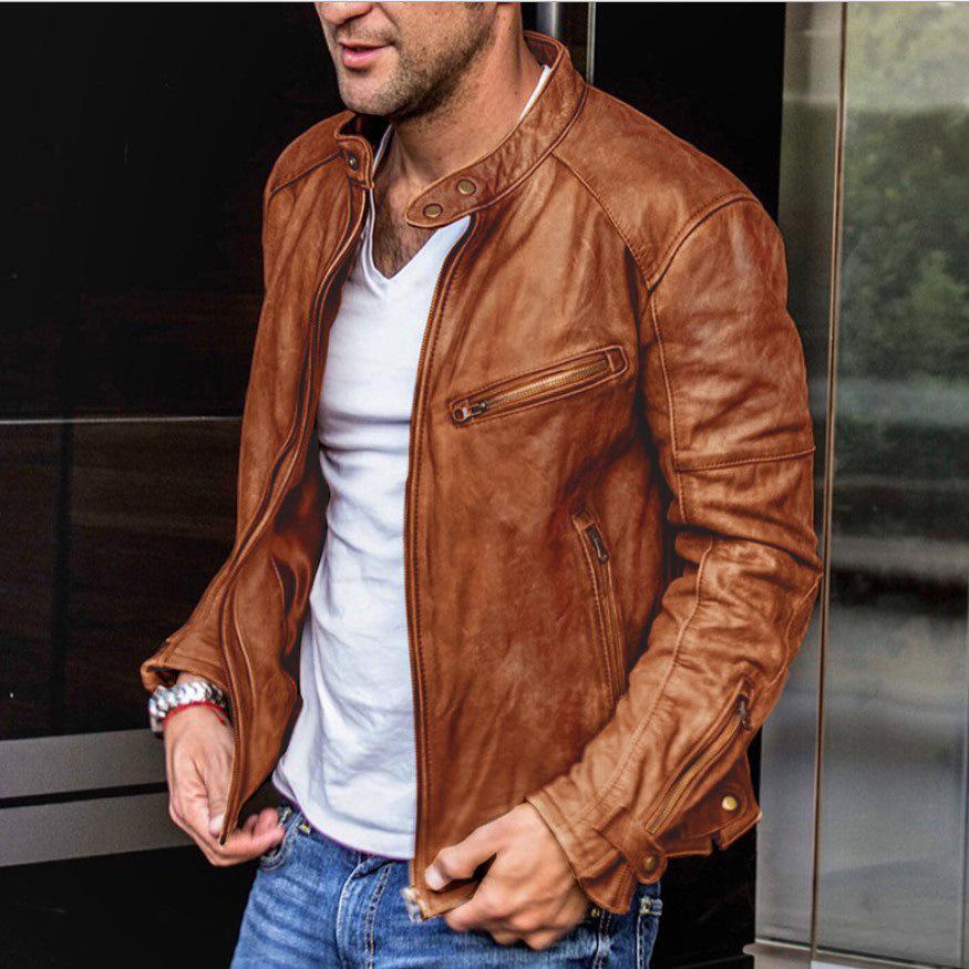 Europäische und amerikanische Herren-Herbst- und Winter-Hochwertige PU-Lederjacke für Herren-Jugend-Stehkragen-Punk-Herren-Motorrad-Lederjacke M