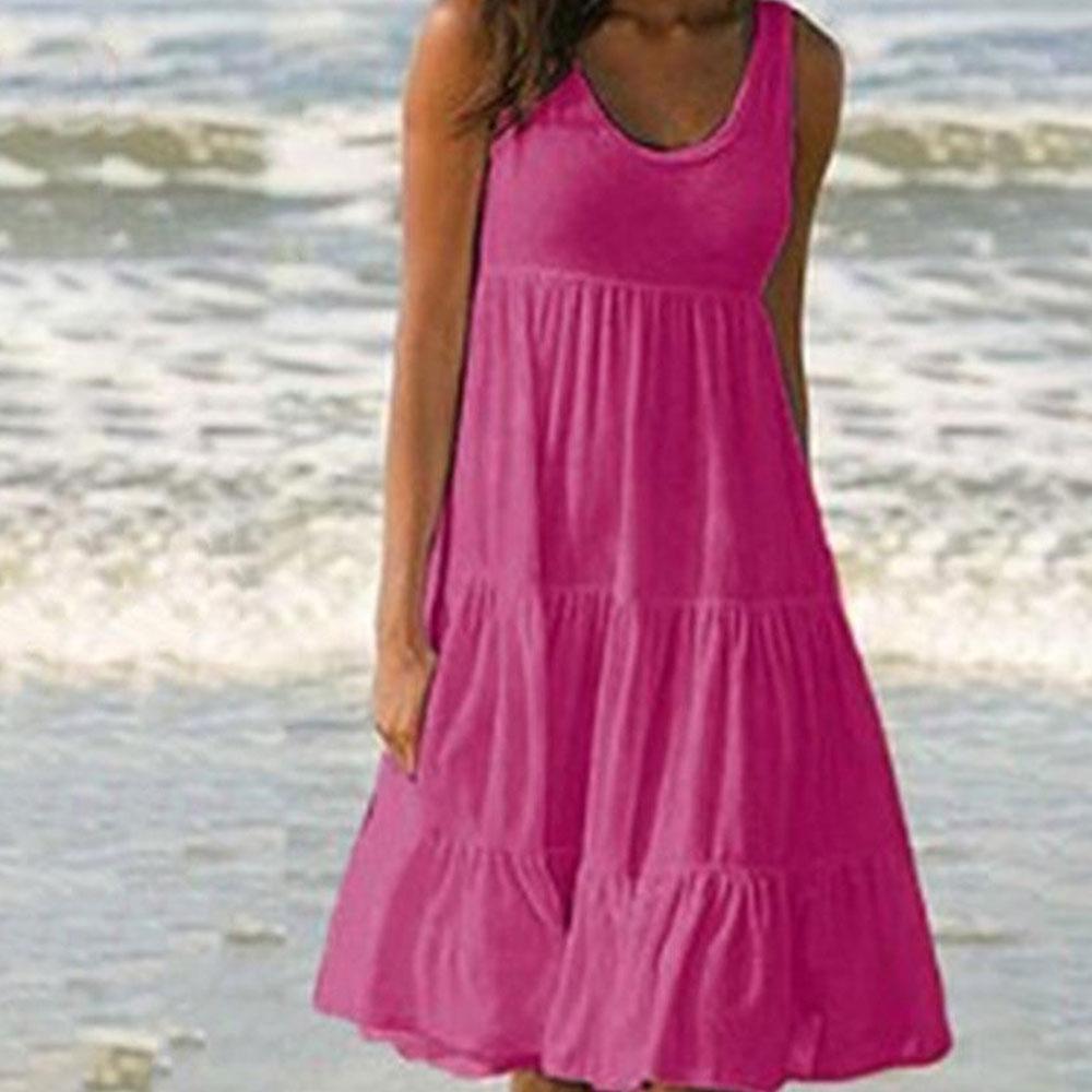 Frauen Casual O Neck Ärmellose Rüschen Mini Kleid Boho Solide Strand Sommerkleid Übergroßen Lose Kleid Sommer M rot