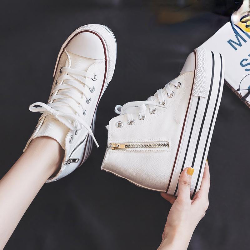 Nside The High Canvas Schuhe Damenschuhe 2024 Frühling und Herbst Neue doppelseitige Reißverschluss-Board-Schuhe Hundert mit dicker Unterseite Muffin-Schuhe 36 weiß