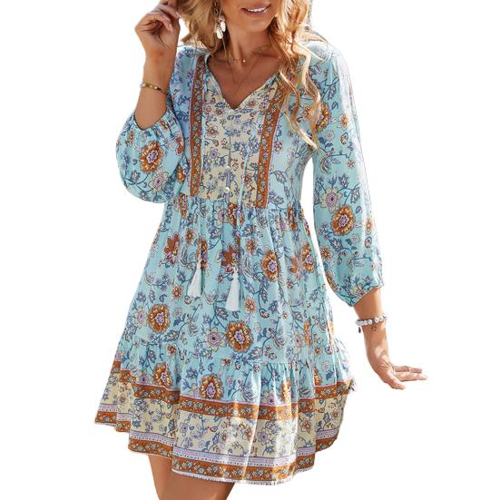 Damen-Boho-Kleid mit Blumenmuster, lässig, langärmelig, fließend, kurzes Kleid, lockerer V-Ausschnitt, Knopfleiste, A-Linien-Kleid, Mini-Strand-Sommerkleid S blau