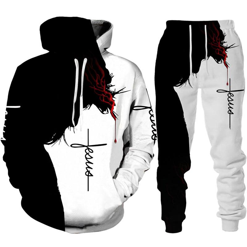 Zweiteiliges Set, christliche Bibel, Glaube, Jesus Gott, Herren-Kapuzenpullover/Anzug, cooler 3D-Löwen-Druck, Streetwear, Paar-Kleidung, Jogging-Trainingsanzug 3XL