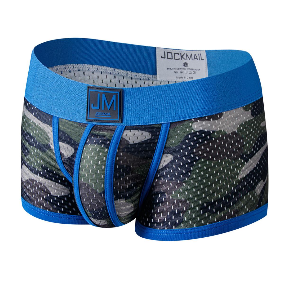 Boxer JOCKMAIL Nylon-Boxershorts mit Tarnmuster, atmungsaktiv, Mesh-Boxershorts, niedrige Leibhöhe, stilvolle, große, elastische Sport-Herrenunterwäsche L blau