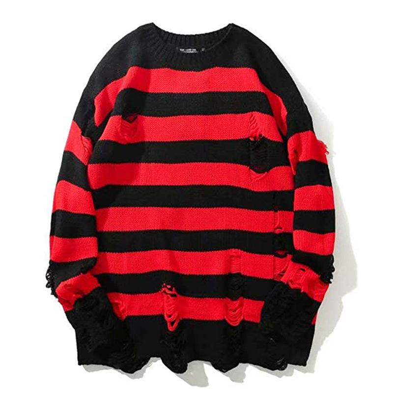 Schwarz Streifen Pullover Zerstört Zerrissene Pullover Männer Pullover Loch Stricken Pullover Männer Übergroßen Sweatshirt Harajuku Langarm Tops S schwarz rot