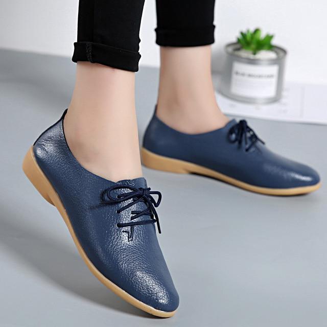 Echtes Leder Sommer Faulenzer Frauen Casual Schuhe Mokassins Weiche Spitz Damen Schuhe Frauen Wohnungen Schuhe Weibliche 43 blau
