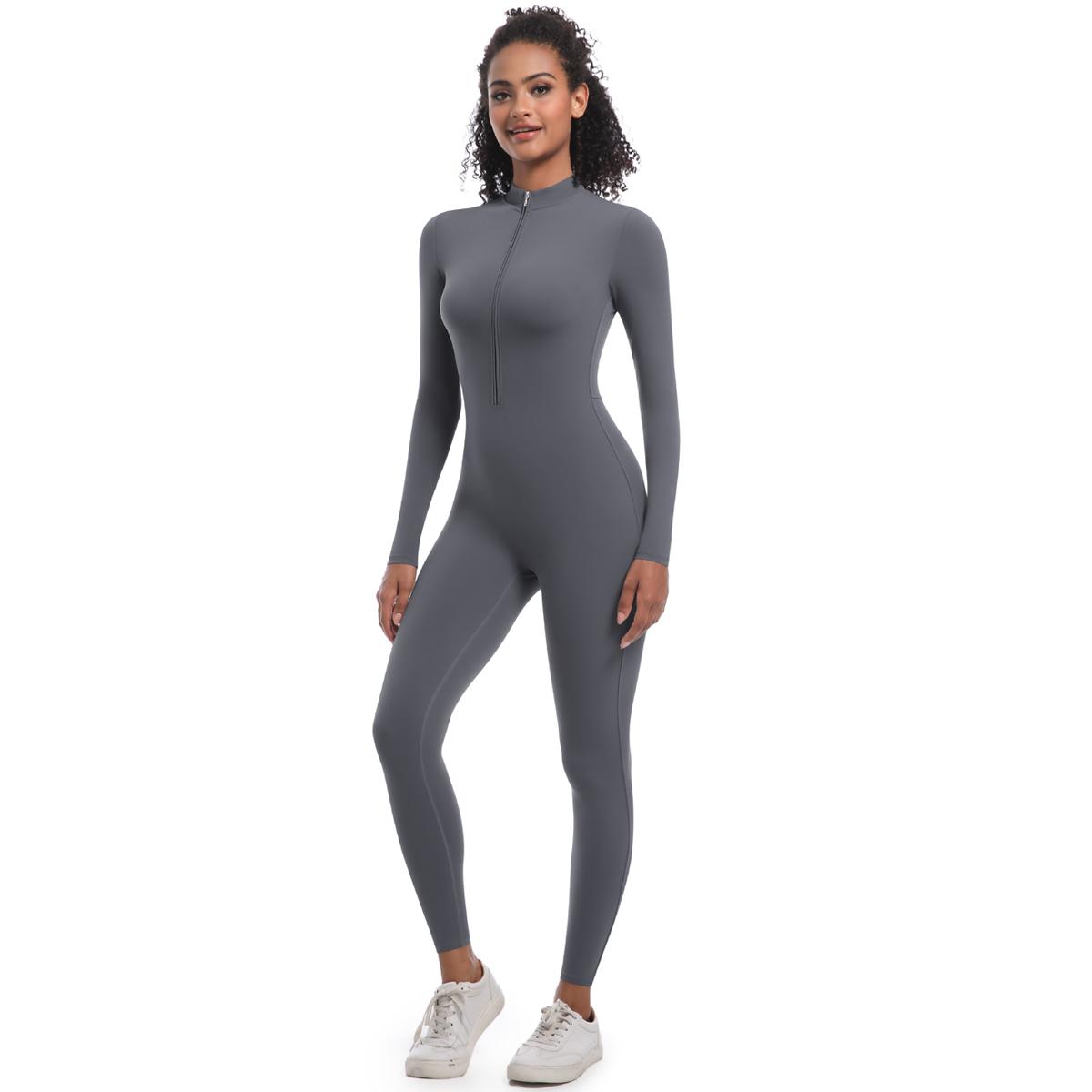 Nessaj Reißverschluss Fitness Jumpsuit Body Training Yoga Jumpsuit Damen Gym Tanz Einteiler Sexy Push Up Sportanzug M dunkelgrau