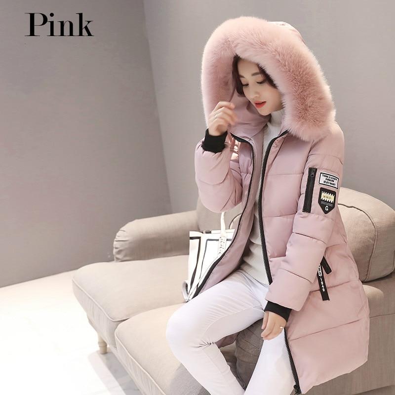Parka Frauen Winter Mäntel Lange Baumwolle Lässige Fell Kapuze Jacken Frauen Dicke Warme Winter Parkas Weibliche Mantel Mantel M rosa