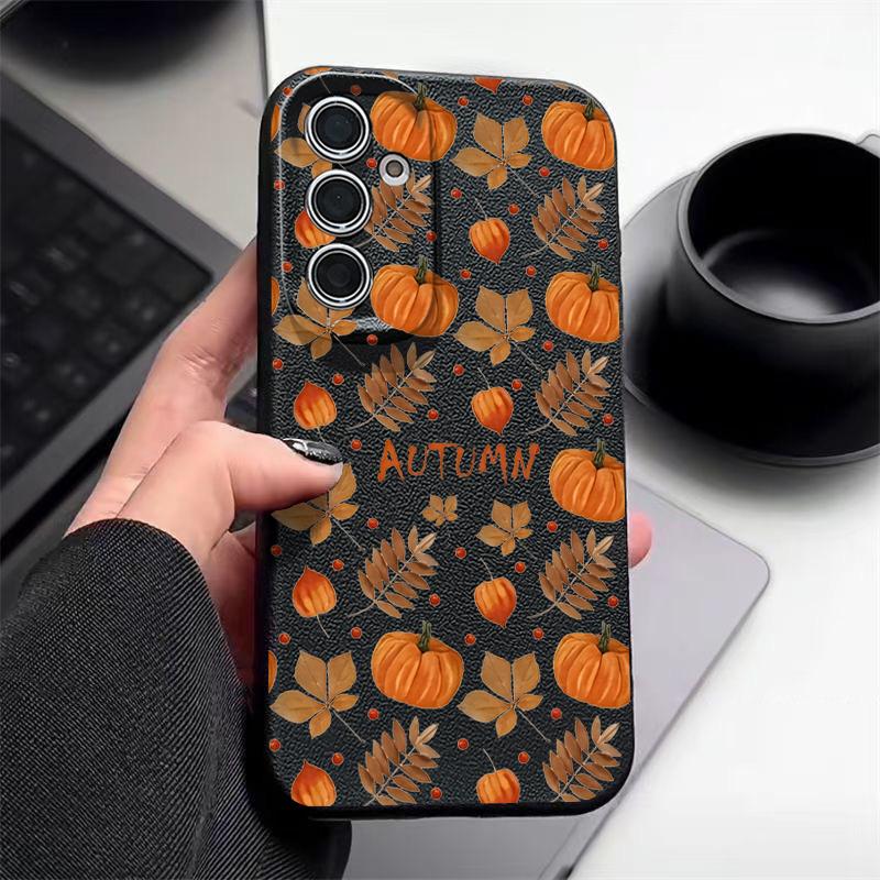Herbst Kürbisdruck Handyhülle Für Samsung Galaxy S25 Edge S24 S25 FE S23 S22 Ultra A17 A56 A55 A54 A36 A15 A16 Silikon Ledertextur Cover Samsung Galaxy A54 schwarz