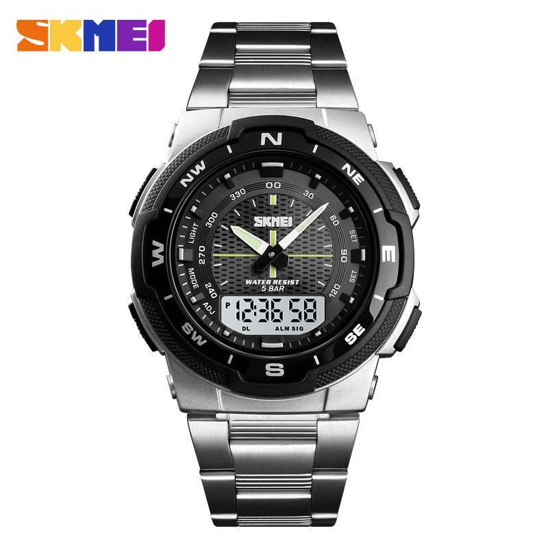SKMEI Neue Dual Display Digitale Armbanduhren Männer Casual Uhr Wasserdichte Uhr Edelstahl Armband silber