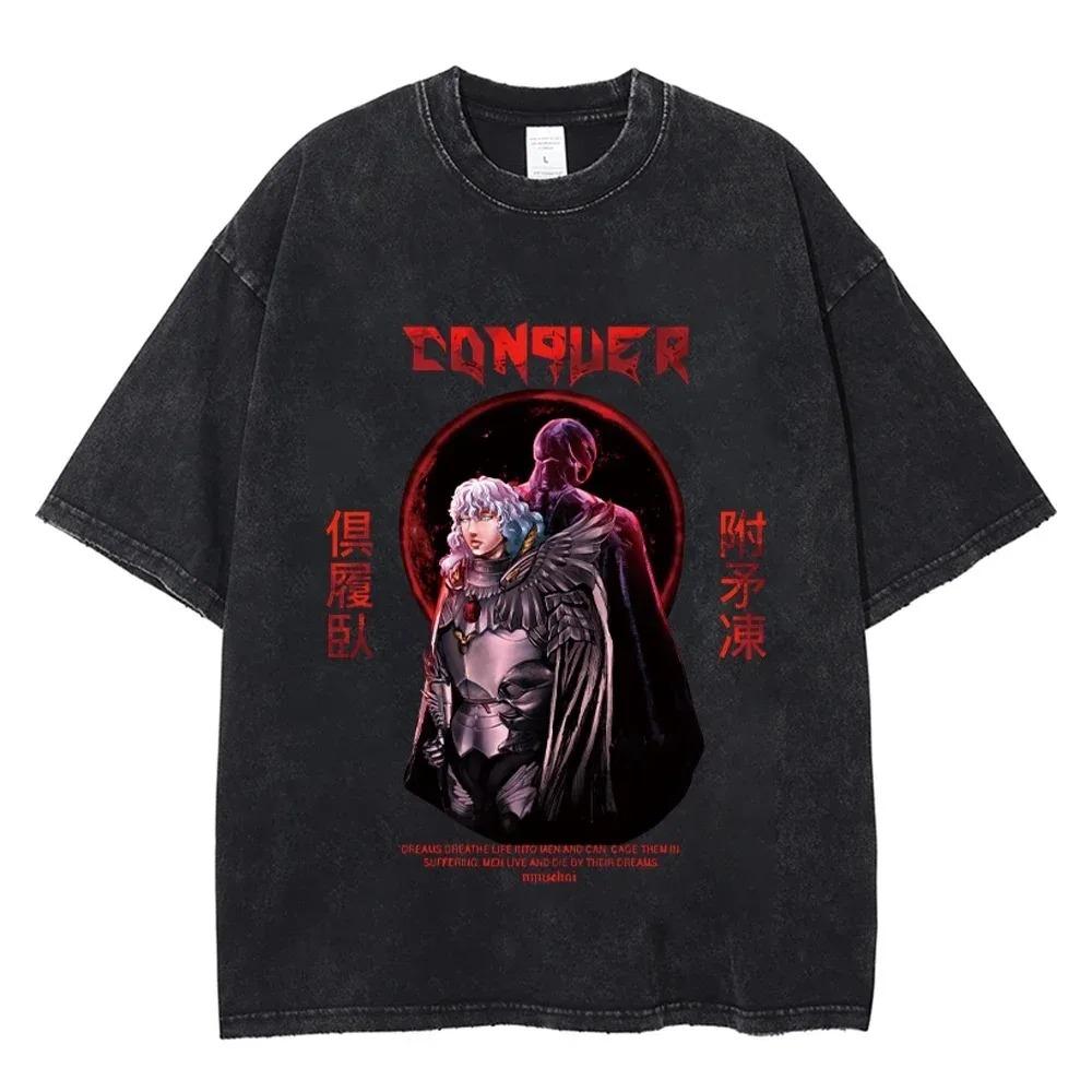 Klassische Berserk Anime T-Shirts Herren Damen Gewaschenes Übergroßes Manga Grafik T-Shirt Baumwolle Harajuku Vintage Hip Hop Freizeitkleidung S rot