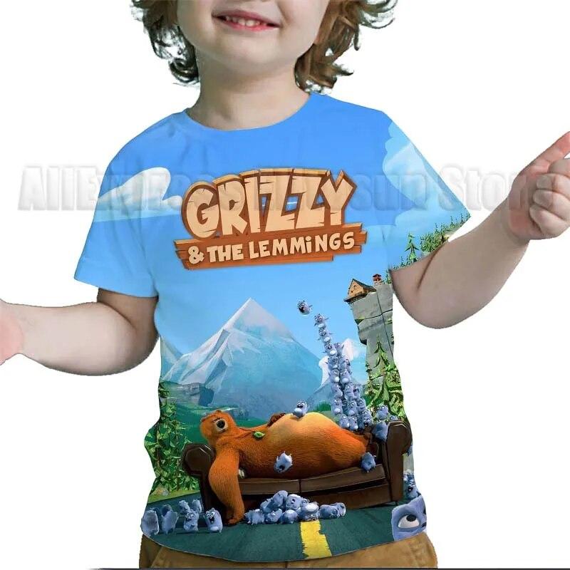 Kinder Grizzy und die Lemminge 3D-Druck T-Shirts Kinder Cartoon T-Shirts Kleinkind Jungen Mädchen Anime T-Shirts Streetwear T-Shirts 2T90 blue