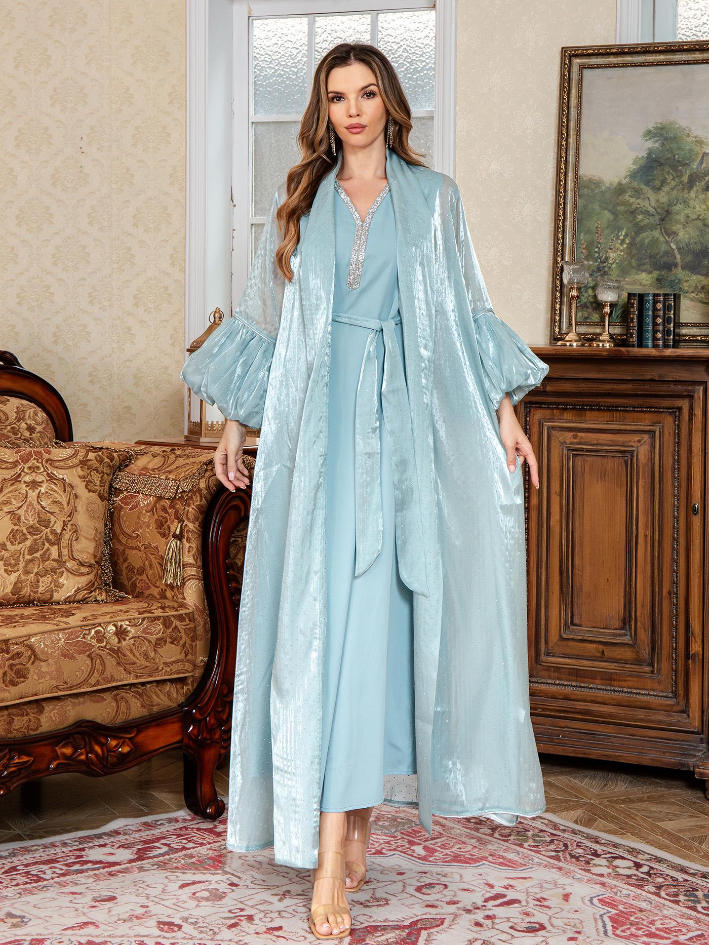 Elegantes zweiteiliges Perlen-Abaya-Kleid - Nahöstliches muslimisches Kleid Large blau