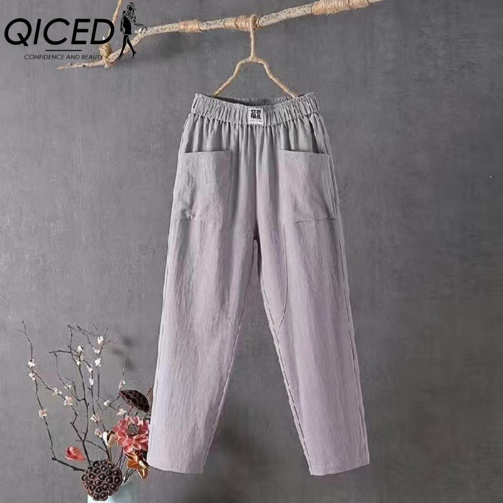 QICED Sommer Damen Hosen Lässige Baumwollleinenhosen Locker Gerade Hosen Neun-Punkt Harems-Hosen S grau