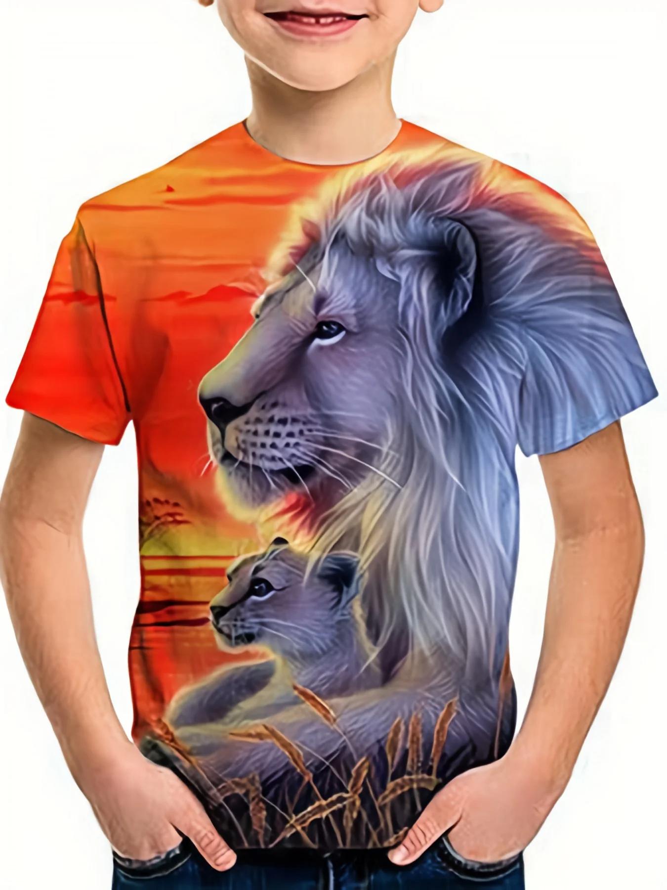Jungen T-Shirt mit Löwe-Grafik, modische Kurzarmshirts, Jungen- und Mädchen-T-Shirt mit Cartoon-3D-Druck, Kinderbekleidung, Sommer-T-Shirts für Kinder 160