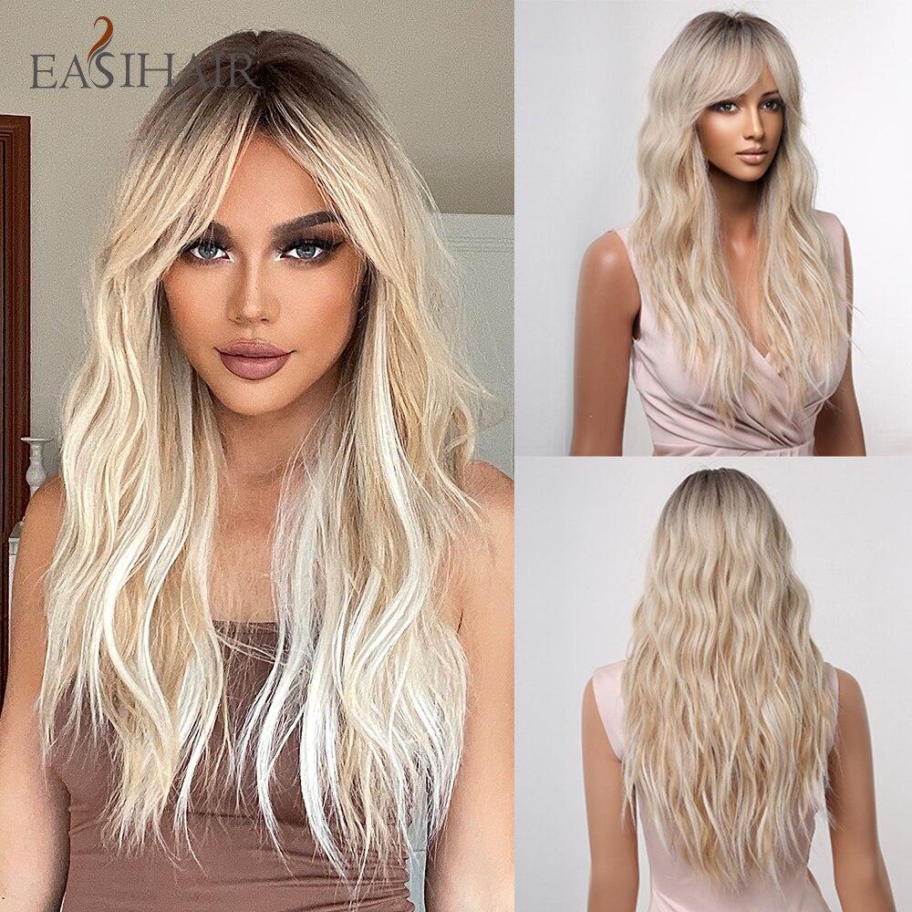 EASIHAIR Platinblonde Ombre-Synthetik-Perücken, lange wasserwellige Naturhaar-Perücke mit Pony, für Frauen, Cosplay, hitzebeständige Perücken