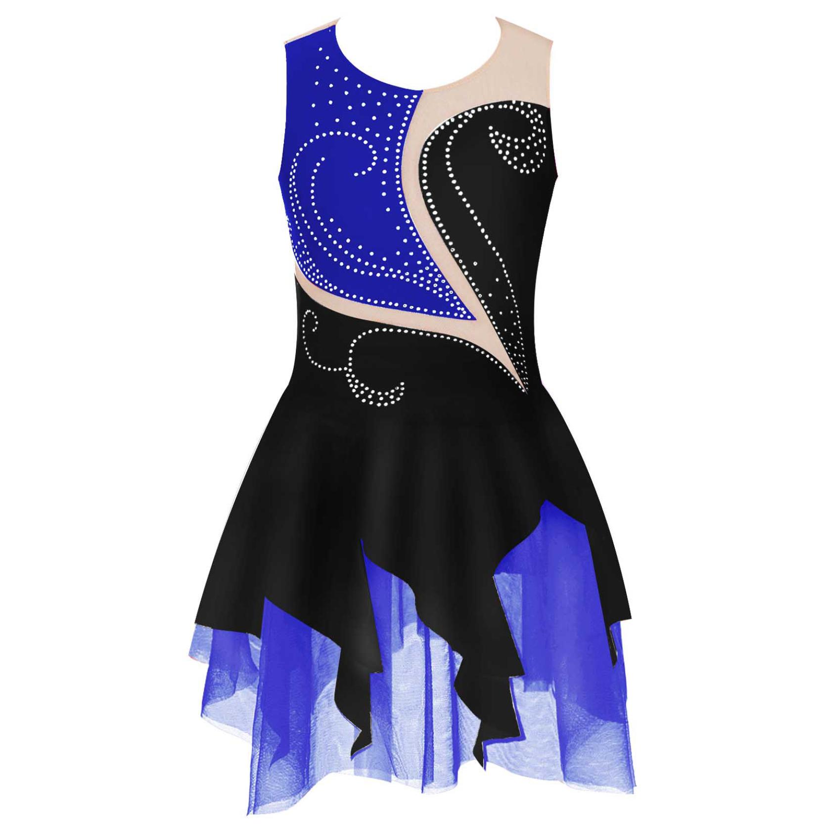 Eislaufen Kleid Mädchen Glänzend Strass Gymnastik Kostüm Ballett Tanz Trikot Kleid 5-6 Years schwarz/blau