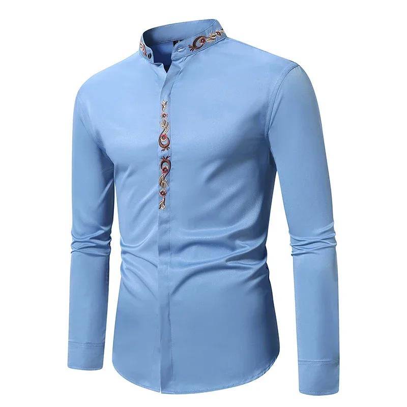 Herrenmode Stehkragen Bestickte Hemden Einfarbig Langarm Knöpfe Slim Business Casual Arbeitshemd L blau