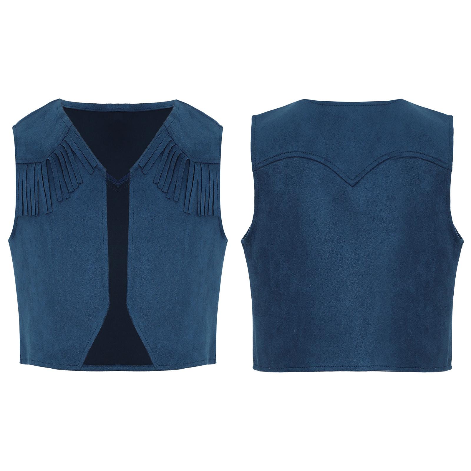 Western-Cowboy-Weste für Jungen, Halloween-Kostüm, braune Wildlederjacke mit Fransensaum für Kinder, für Karneval, Mottoparty 7-8 Years navy blau