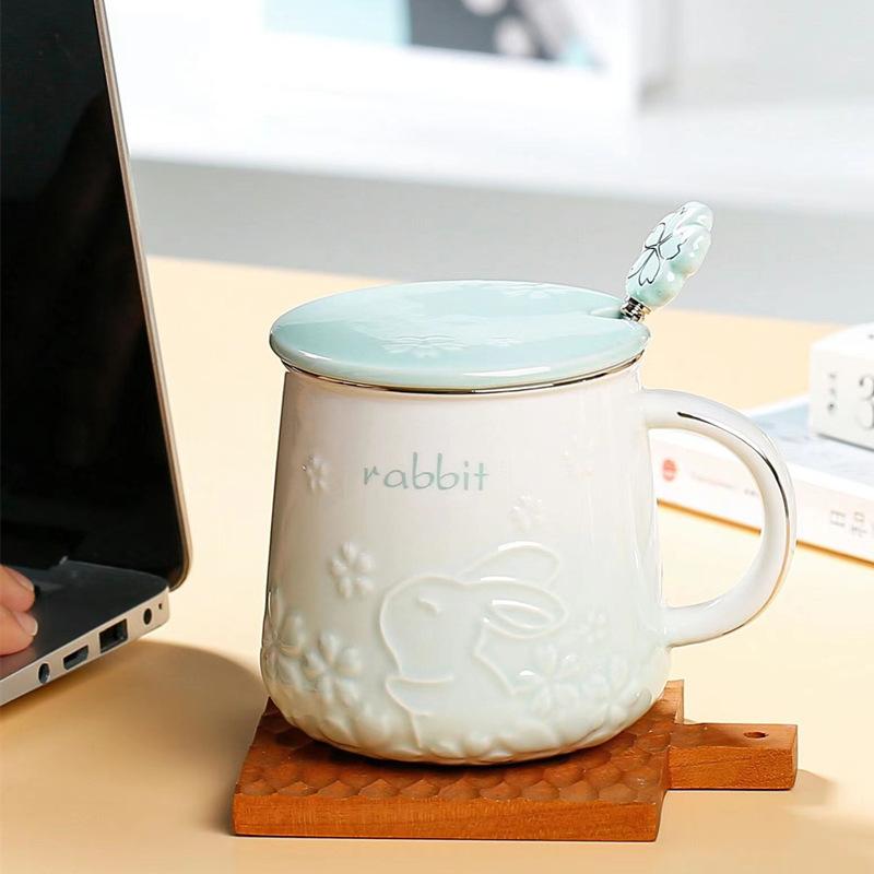 Jahr des Hasen Kirschblüten Hoch Hübsche Tasse Souvenir Büro Keramiktasse Paar Kaffeetasse Frühstück Milchbecher 450ML
