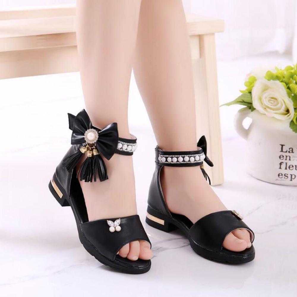 Kinder Bogen Sandalen Kinder Mädchen Sommer Süße Sandalen Strand Prinzessin Mode High Heels Quaste Schule Schuhe 30.0 schwarz