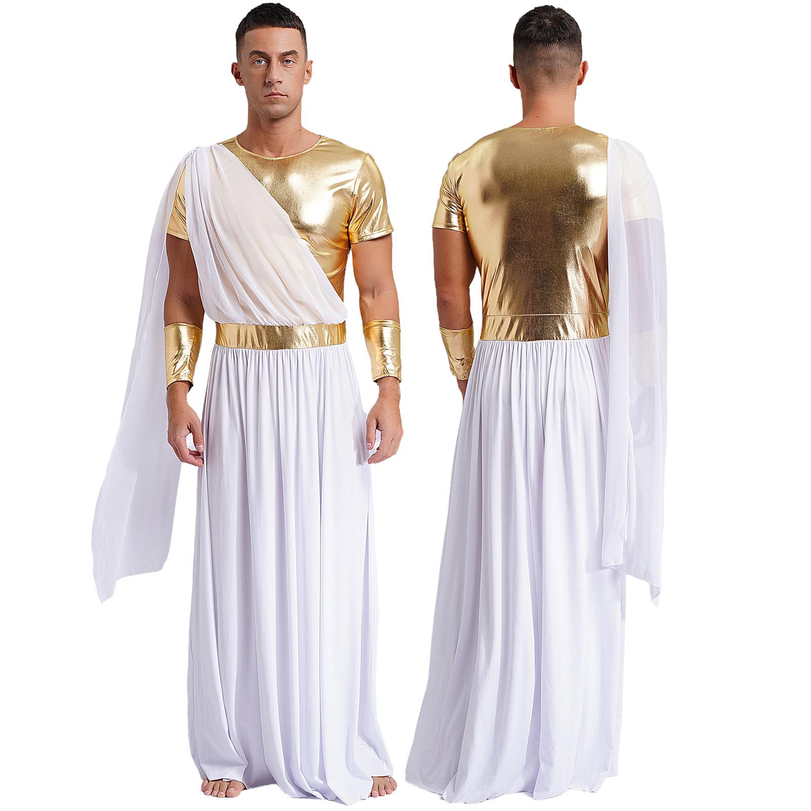 Antikes griechisches Gott-Kostüm, römische Toga, ägyptische Tunika mit Handschuhen, Herren, 2-teilig, Halloween-Outfits, Weihnachten/Halloween, Cosplay-Party, XXXL M weiß/gold