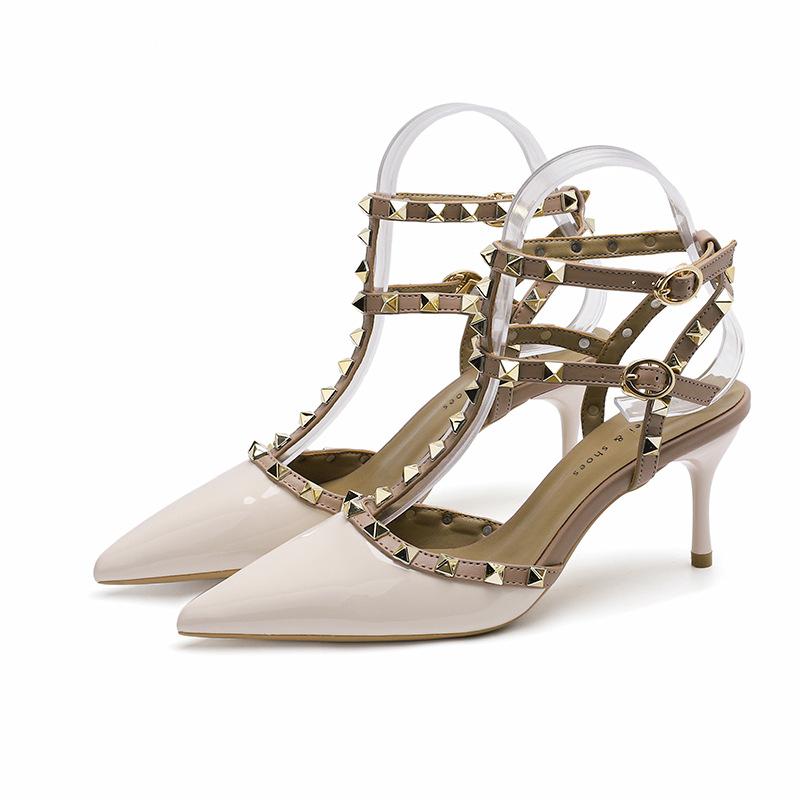 Lackleder Nieten High Heels Sexy Spitz High Heels Sandalen Stirnband Dünne Absätze Sandalen Damen 37
