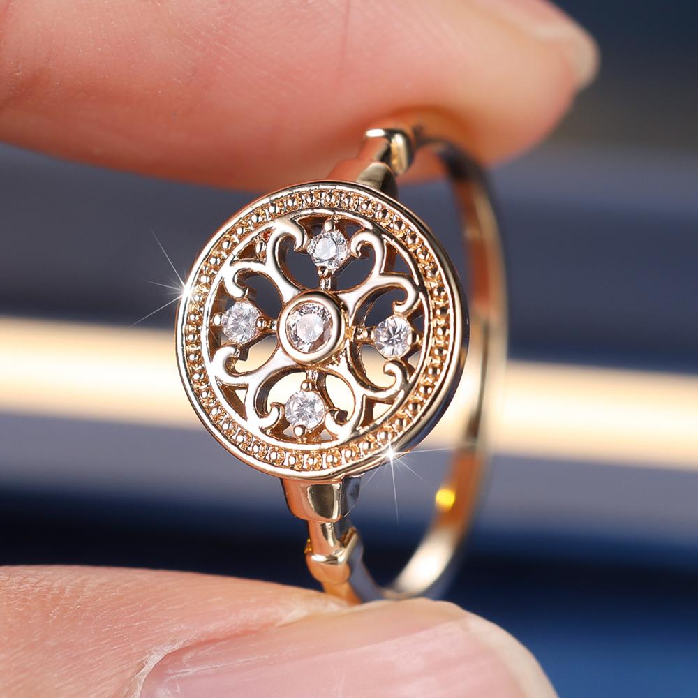 Vintage Aushöhlen Blume Runde Geometrische Ringe für Frauen Exquisite Charms Gold Farbe Intarsien Zirkon Ringe Hochzeit Schmuck Geschenk 6 gold