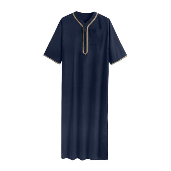 Herren-Kaftan-Gewand, einfarbig, mittelärmelig, langer Thobe, V-Ausschnitt, Abaya, Gebetskleidung, Ihram-Gewand für den Sommer und den Alltag L navy blau