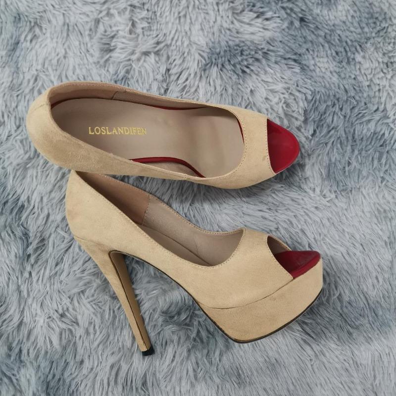 Loslandifen Damen Pumps Mode Sexy High Heels Peep Toe Samt Pumps Plateau Dame Abend Schwarz Party Club Rot Hochzeitsschuhe 42 nude