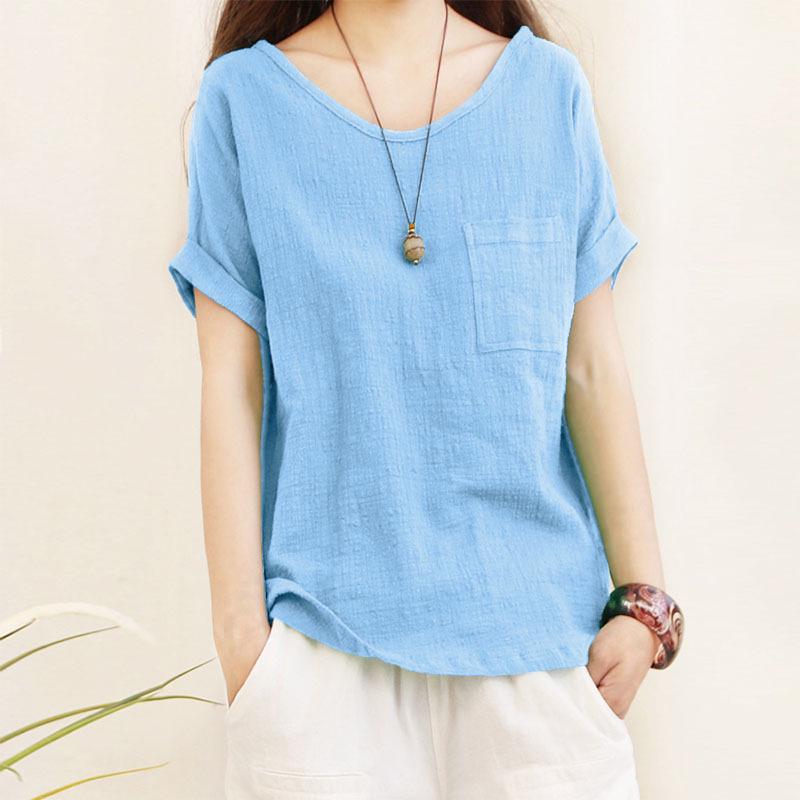 Casual Elegante Solide Tops Frauen Kleidung Koreanische Oansatz Baumwolle Leinen Bluse Sommer Kurzarm Lose Grün Shirts Kleidung 20860 XXL blau