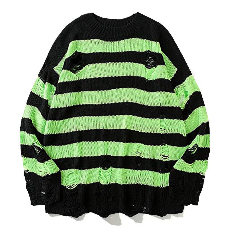 Schwarz Streifen Pullover Zerstört Zerrissene Pullover Männer Pullover Loch Stricken Pullover Männer Übergroßen Sweatshirt Harajuku Langarm Tops M grün/schwarz
