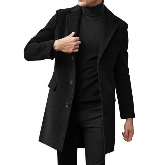 Männer Winter Einfarbig Anzug Mantel Revers Langarm Pattentaschen einreiher Mid-länge Warme Jacke Mantel 2XL schwarz