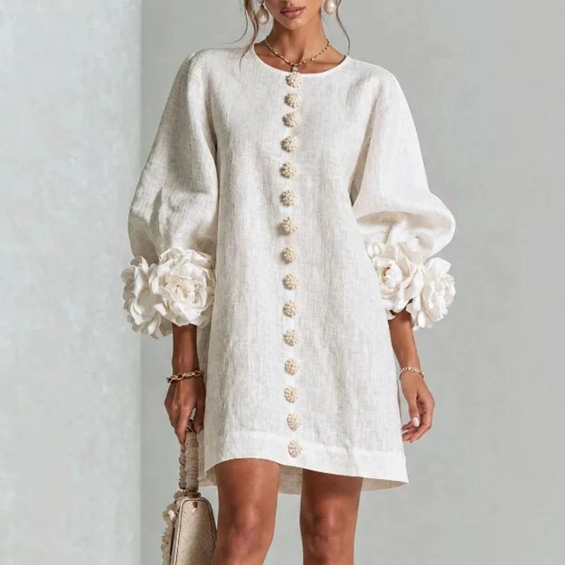 Damen Lockeres Minikleid Rundhalsausschnitt Puffärmel Langarm 3D Blumenmanschette Dekorativer Knopf Vorne Freizeit Leinenoptik Damen Kurze Kleider L weiß