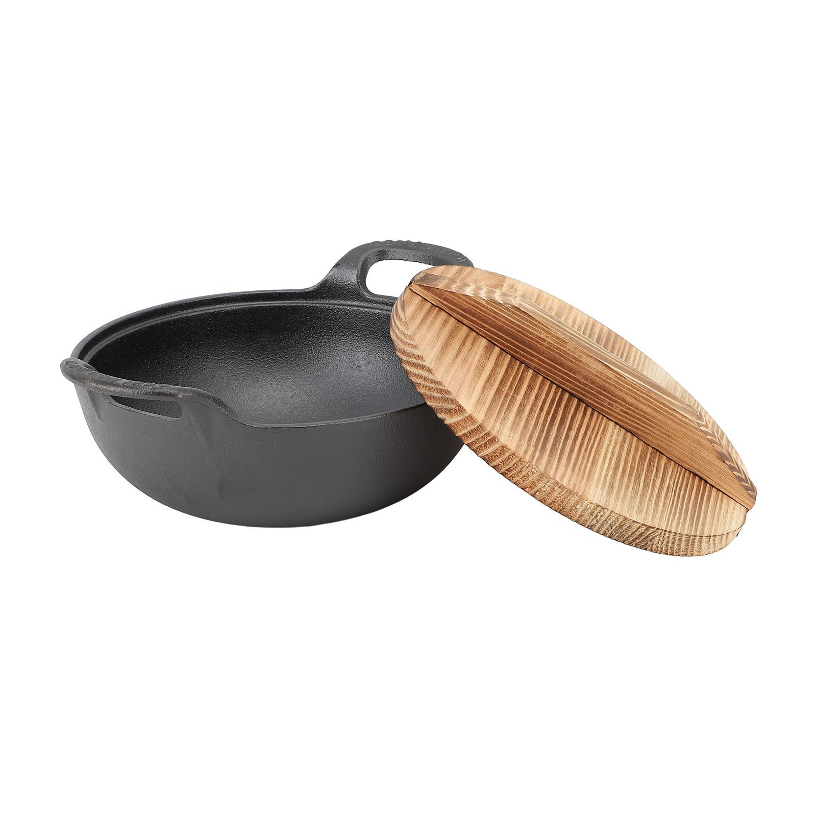Gusseisen Wok mit 2 Griffen Holzdeckel Bratpfanne mit flachem Boden Unbeschichtet zum Pfannenrühren Grillen Dämpfen 20cm/7.9in