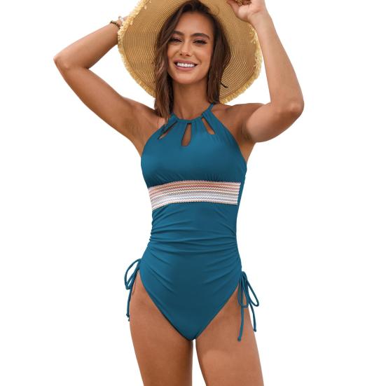 Yousheng Strand Monokini Cut-Out Patchwork Kontrastfarbe Neckholder Badeanzug Kordelzug Skinny Badeanzug Schnelltrocknend Poolside Surfen Bademode L dunkelgrüne