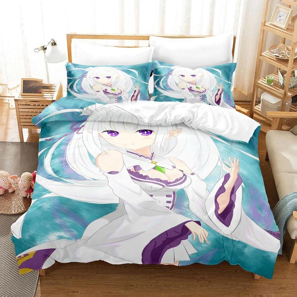 Anime Re:Zero Bettwäsche Emilia Rem Set Bettbezug Bettdeckenbezüge Einzelbett, Twin, Kingsize Bettbezug Heimtextilien 70x133cm 2pcs