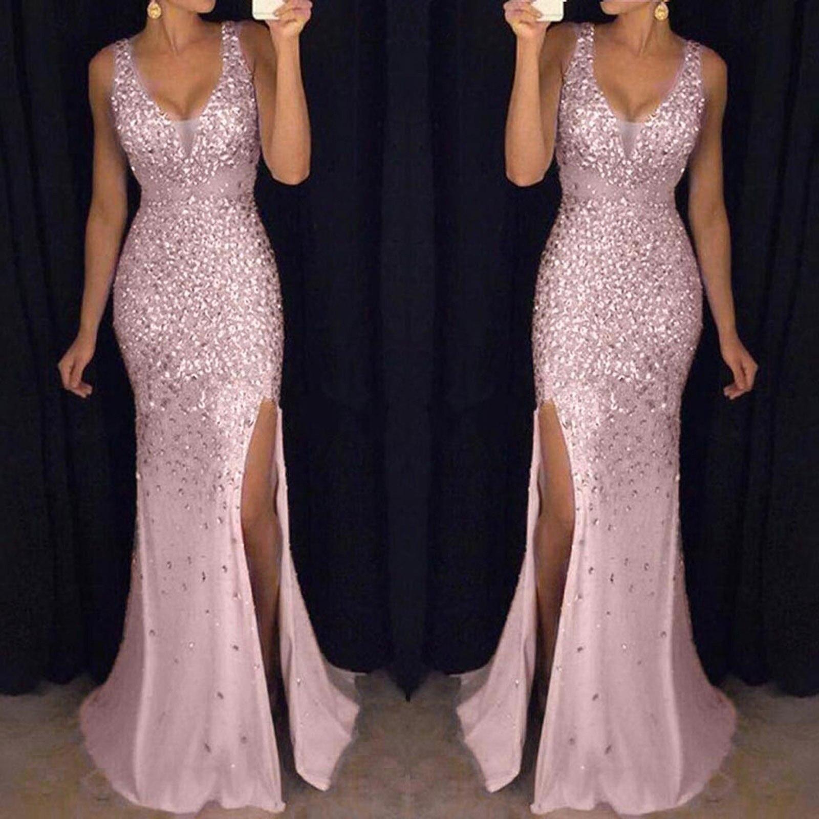 Kleid mit hohem Schlitz Damen Pailletten Abschlussball Party Elegant Dame Rückenfrei Sexy Kleid Damen Gold Elegant Brautjungfer V-Ausschnitt Langes Kleid M rosa