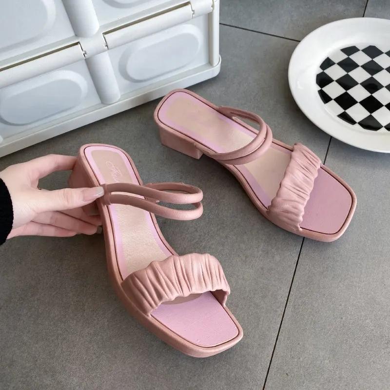 Sommer Damen Sandalen Große Größe Dual-Use-Oberbekleidung Halbe Hausschuhe Einfarbig All-Match Dicke Sandalen mit niedrigem Absatz 40-41 rosa