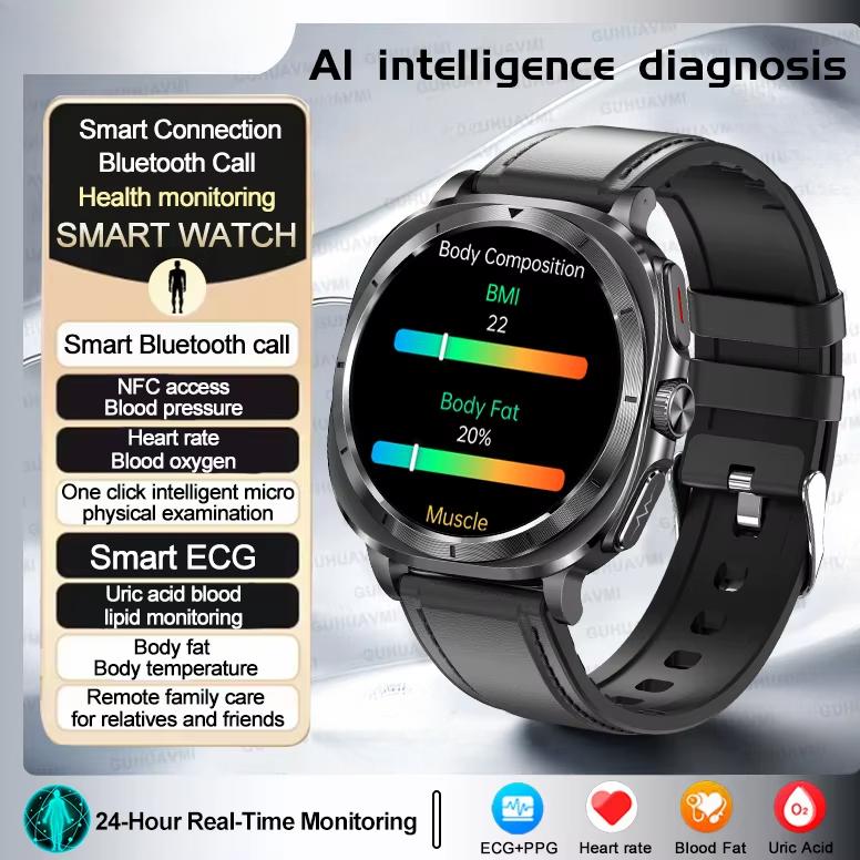2025 Neue Gesundheitsuhr 7 Ultra Smartwatch Harnsäure Blutfette EKG+PPG Blutdruck Herzfrequenz Smartwatch Black-leather