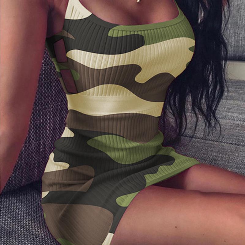 Sexy figurbetontes Minikleid für Damen, Sommer, Party, Club, Camouflage, schmales Kleid, hohle Kleider M grün