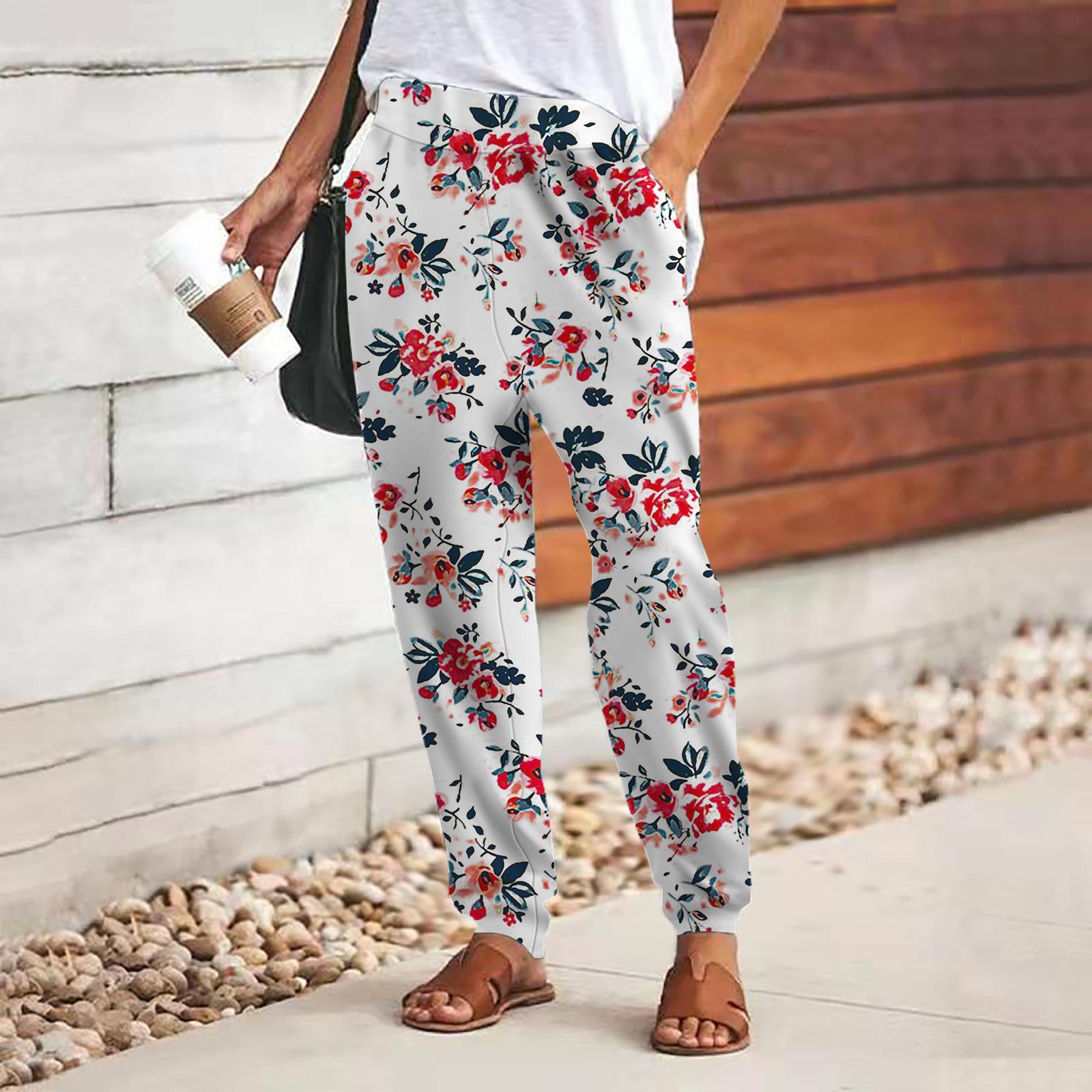 Damenhose mit 3D-Rosen-Print, Schnürung, elastischer Bund, lockere Hose, lässige lange Hose, Hose mit Taschen XL rot