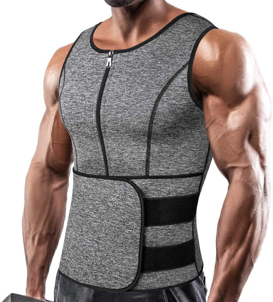 Männer Sauna Sweat Zipper Weste Neopren Korsett Taille Trainer Weste Body Shaper Workout Tank Tops Kompression Shirt M grau