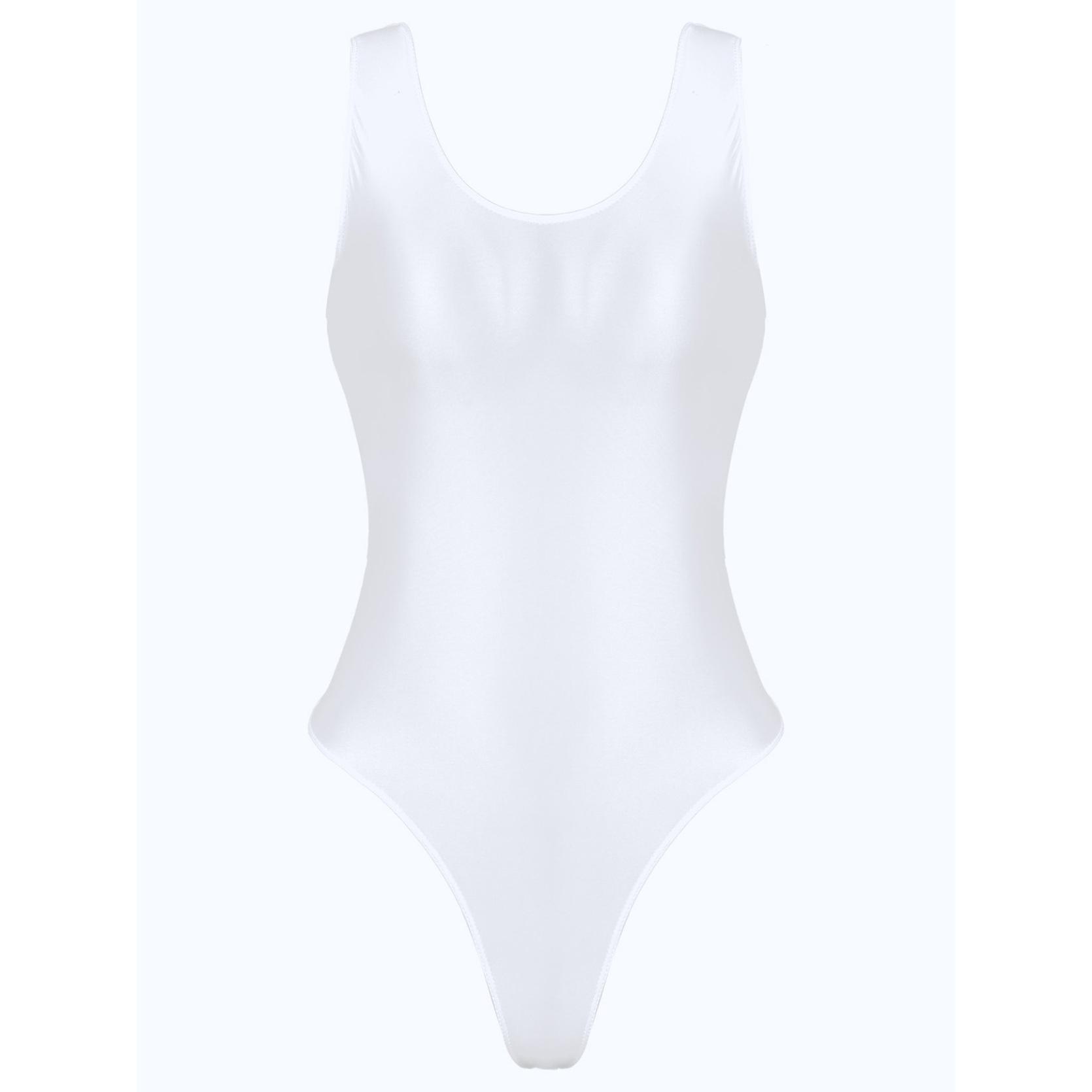 Glänzender, ärmelloser, hoch geschnittener Damen-Body, einteiliger Badeanzug für Yoga, Sport, Fitness, Schwimmen, Bade-Body XL weiß
