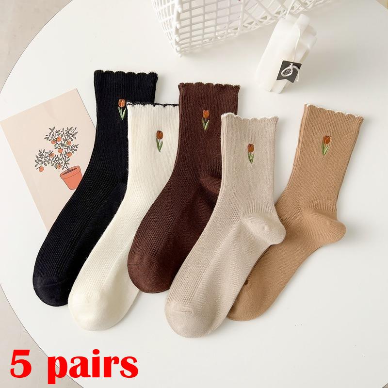 3 Paar Damen Socken Set Frühling und Sommer Dünne Atmungsaktive Rüschenrand Socken Reine Baumwolle Niedliche Damen Weiße Bedruckte Socken 5 pairs bunt