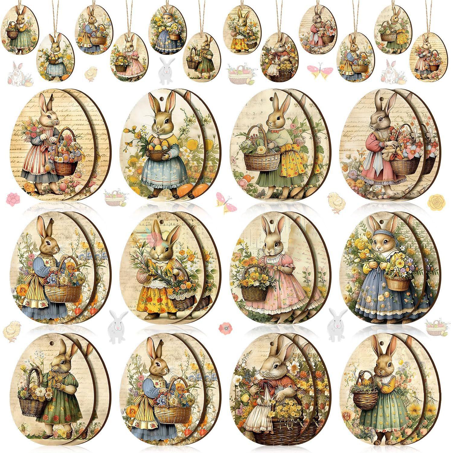 24 teile/satz Ostern Ornament 2D Holz Kaninchen Baum Anhänger Urlaub Dekoration Party Dekoration Home Dekoration Vintage Farbige Ei Holz 24pcs