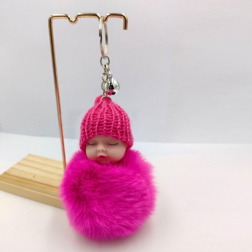Neuer Schlüsselanhänger mit schlafendem Baby für Frauen, flauschiger Plüsch-Schlüsselanhänger, Schlüsselanhänger aus Kunsthasenfell, Schlüsselanhänger mit Pompon-Schnalle, niedlicher Puppen-Schlüsselanhänger, Taschenanhänger rose rot
