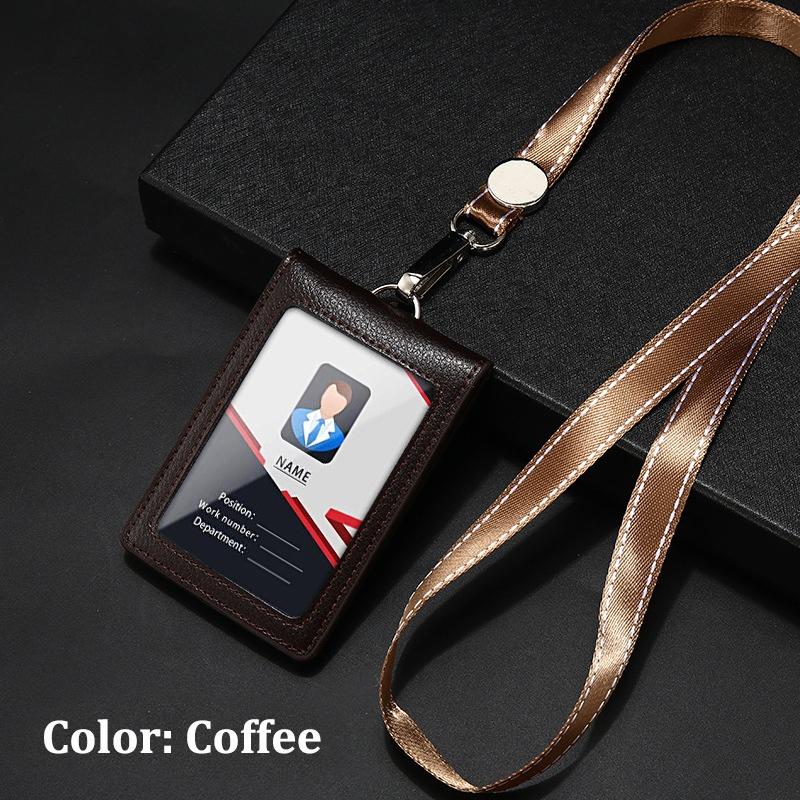 Ausweishalter aus echtem Leder, Schlüsselanhänger, Geldbörse, Umhängeband mit drehbarem Haken für Karten, Visitenkarten, Abzeichen, Buskarten, Zugangskarten, Ausweise kaffeebraun