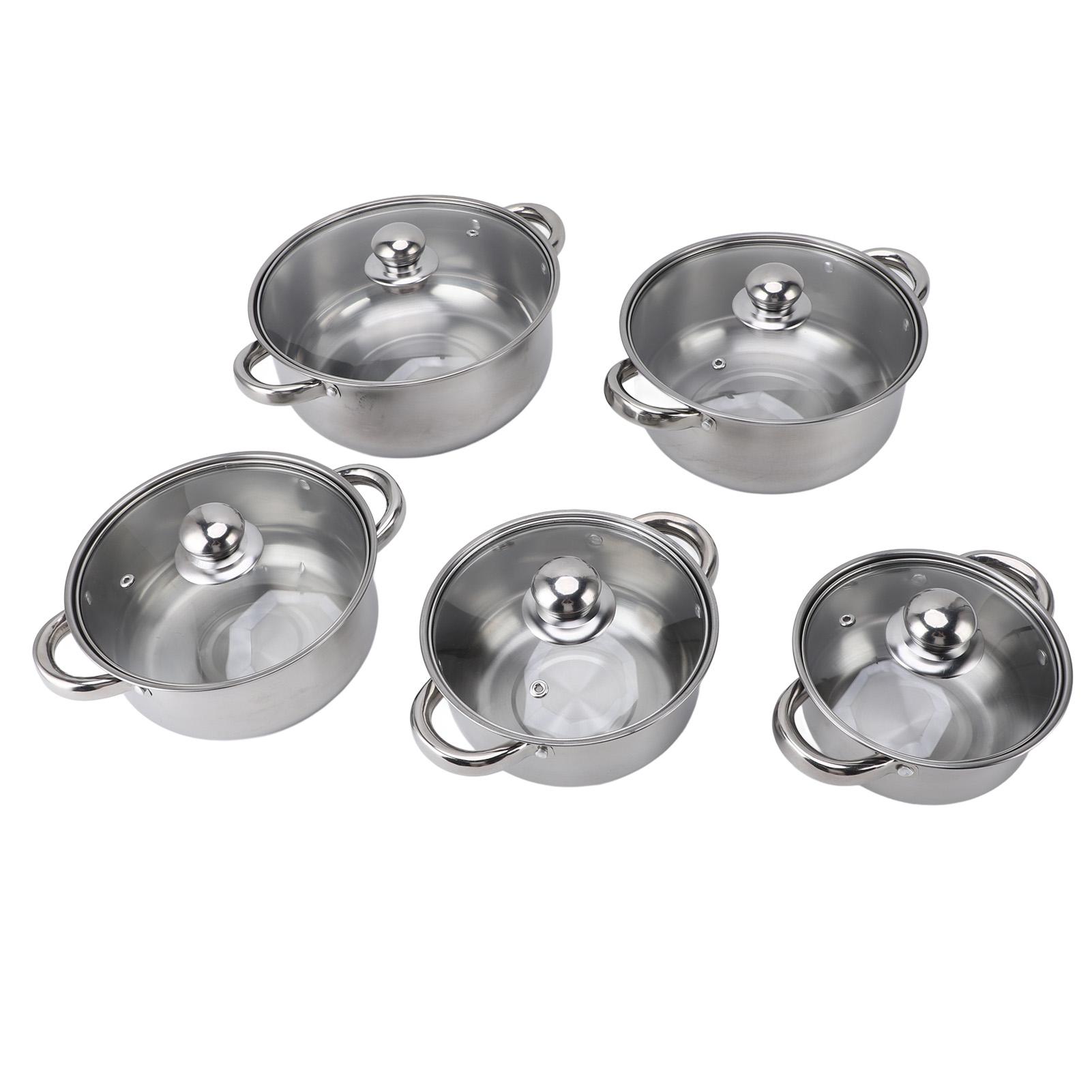 5-teiliges Edelstahl-Topfset Küchenkochgeschirr Stieltopf mit Glasdeckel Kochtopf Suppentopf mit 2 Ohren